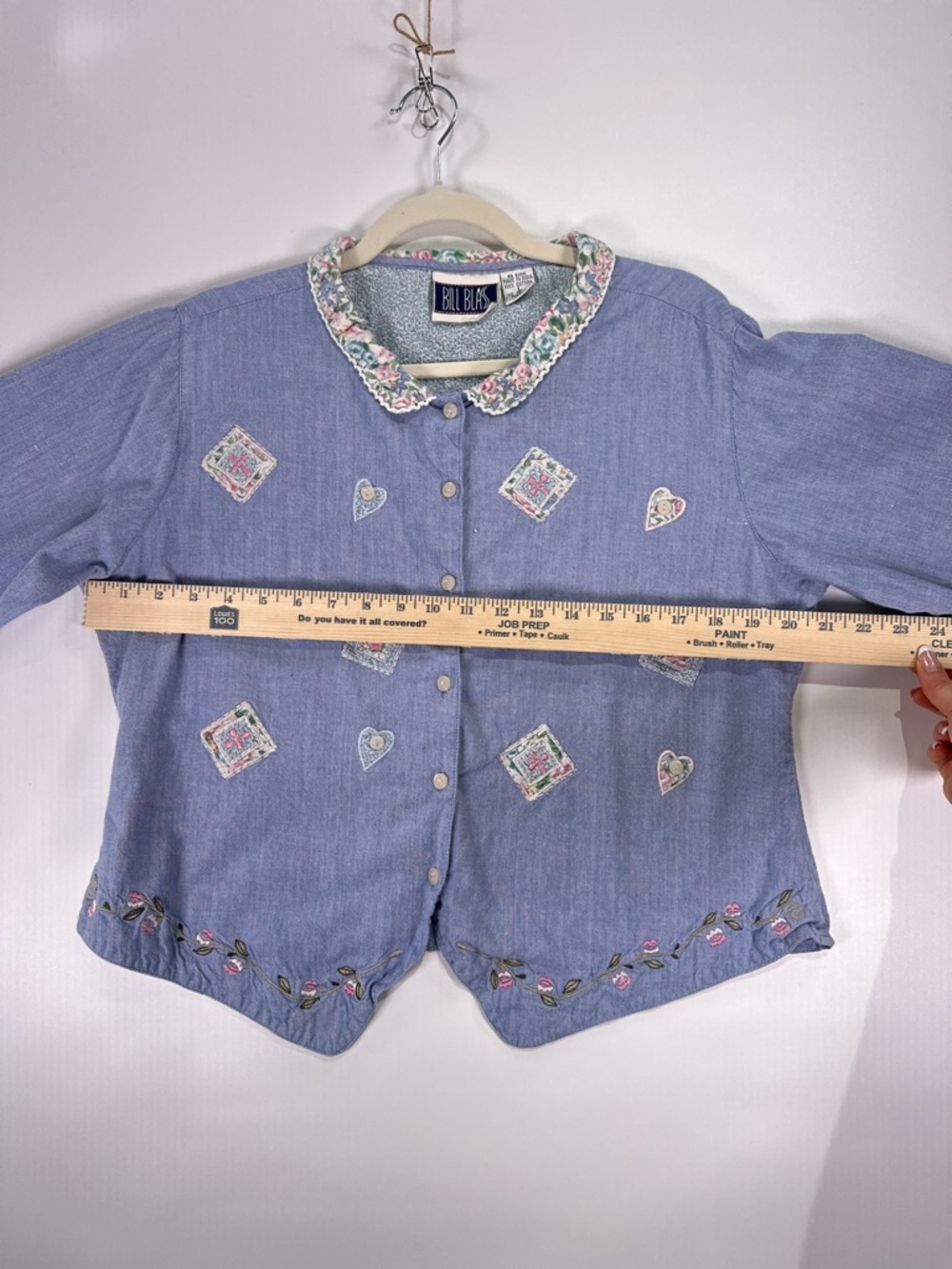 Bill Blass 90s Cottagecore Floral Lace Collar Chambray Blouse Blue Size L - Picture 12 of 13